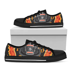 Flaming Firefighter Emblem Print Black Low Top Sneakers