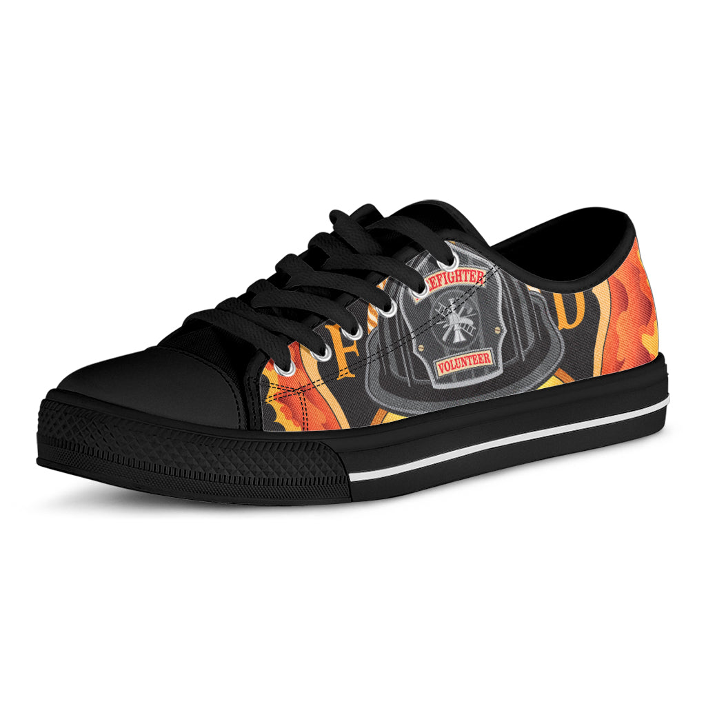 Flaming Firefighter Emblem Print Black Low Top Sneakers