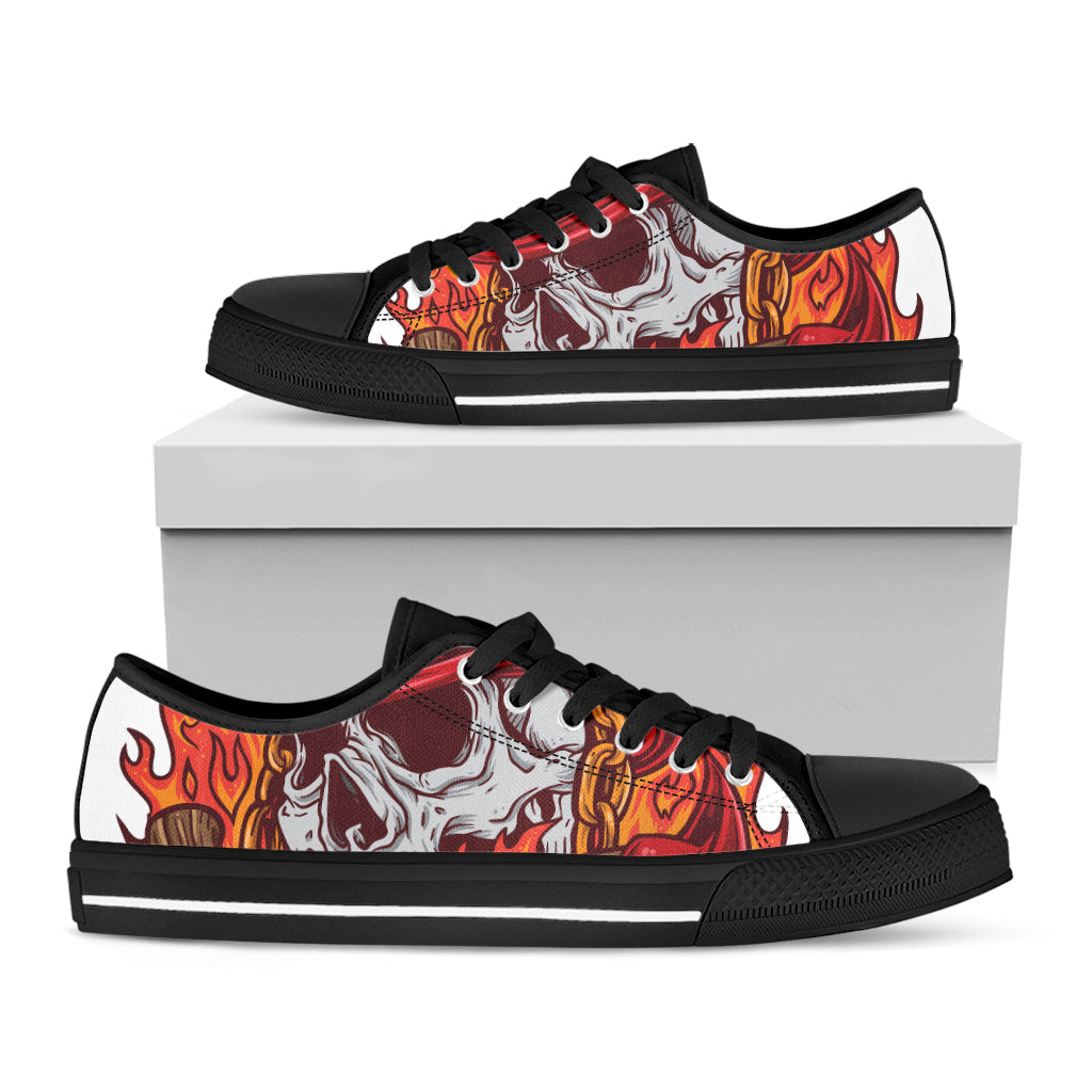 Flaming Firefighter Skull Print Black Low Top Sneakers