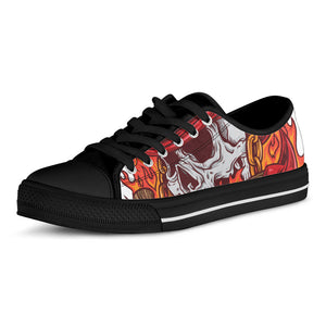 Flaming Firefighter Skull Print Black Low Top Sneakers