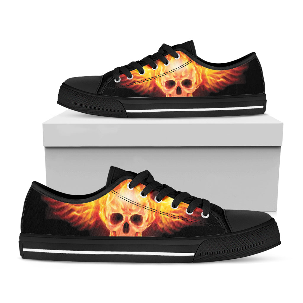 Flaming Skull With Fire Wings Print Black Low Top Sneakers