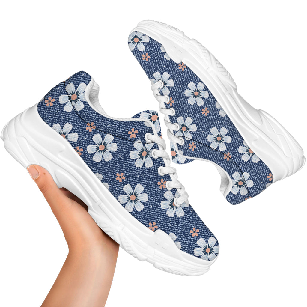 Flower Denim Jeans Pattern Print White Chunky Shoes
