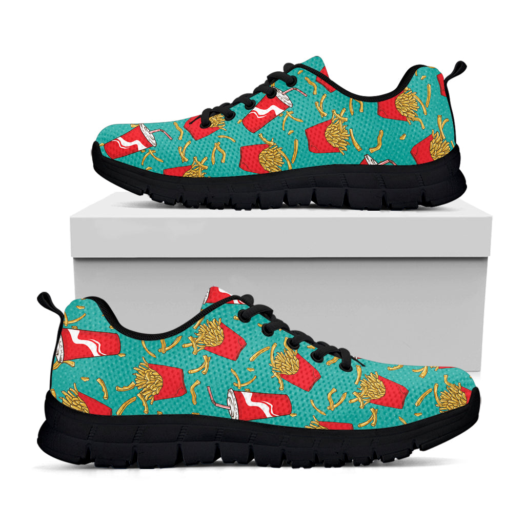 French Fries And Cola Pattern Print Black Running Shoes
