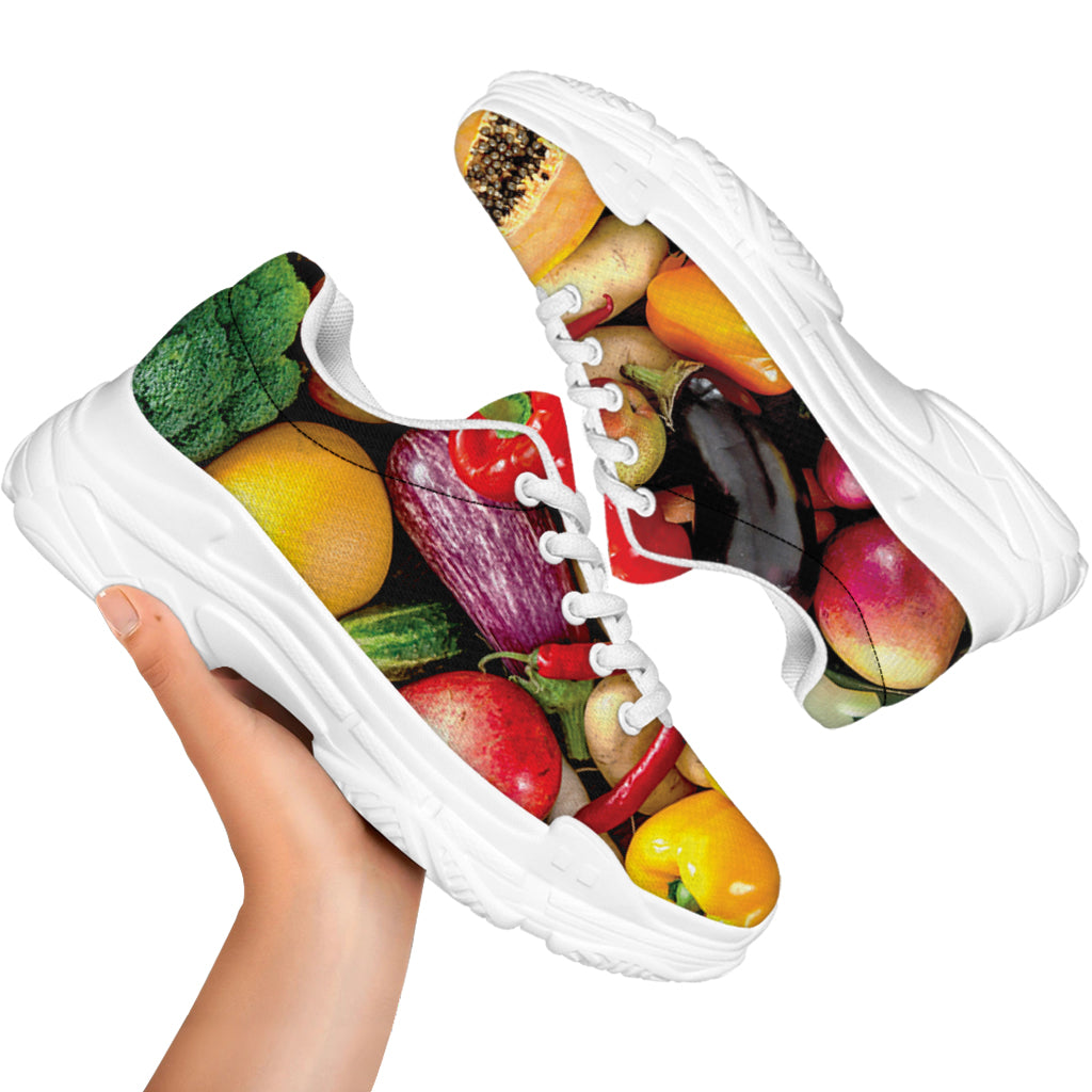 Fresh Fruits And Vegetables Print White Chunky Shoes