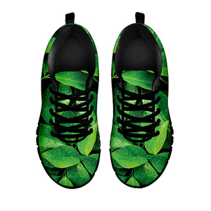 Fresh Green Leaf Print Black Running Shoes