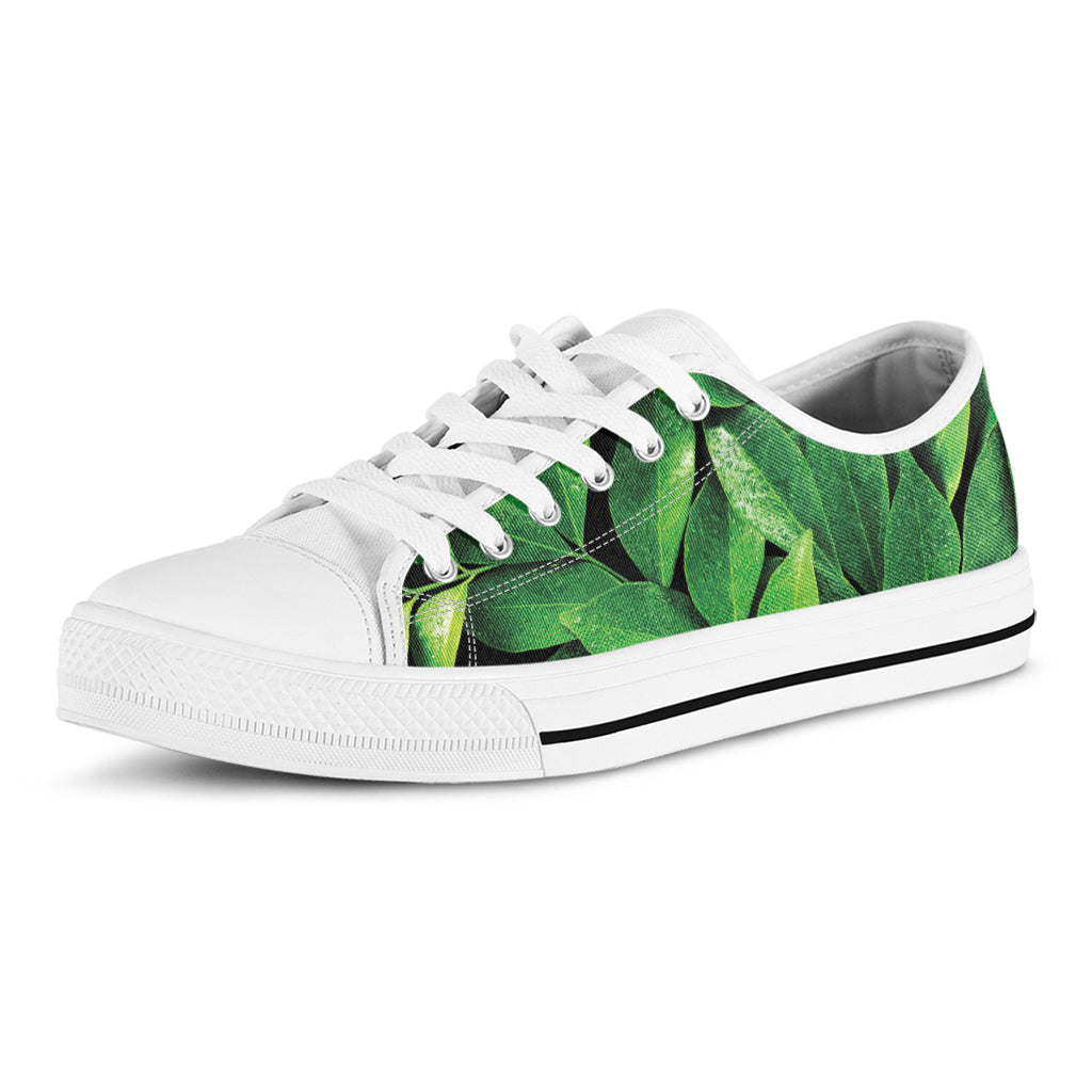 Fresh Green Leaf Print White Low Top Sneakers