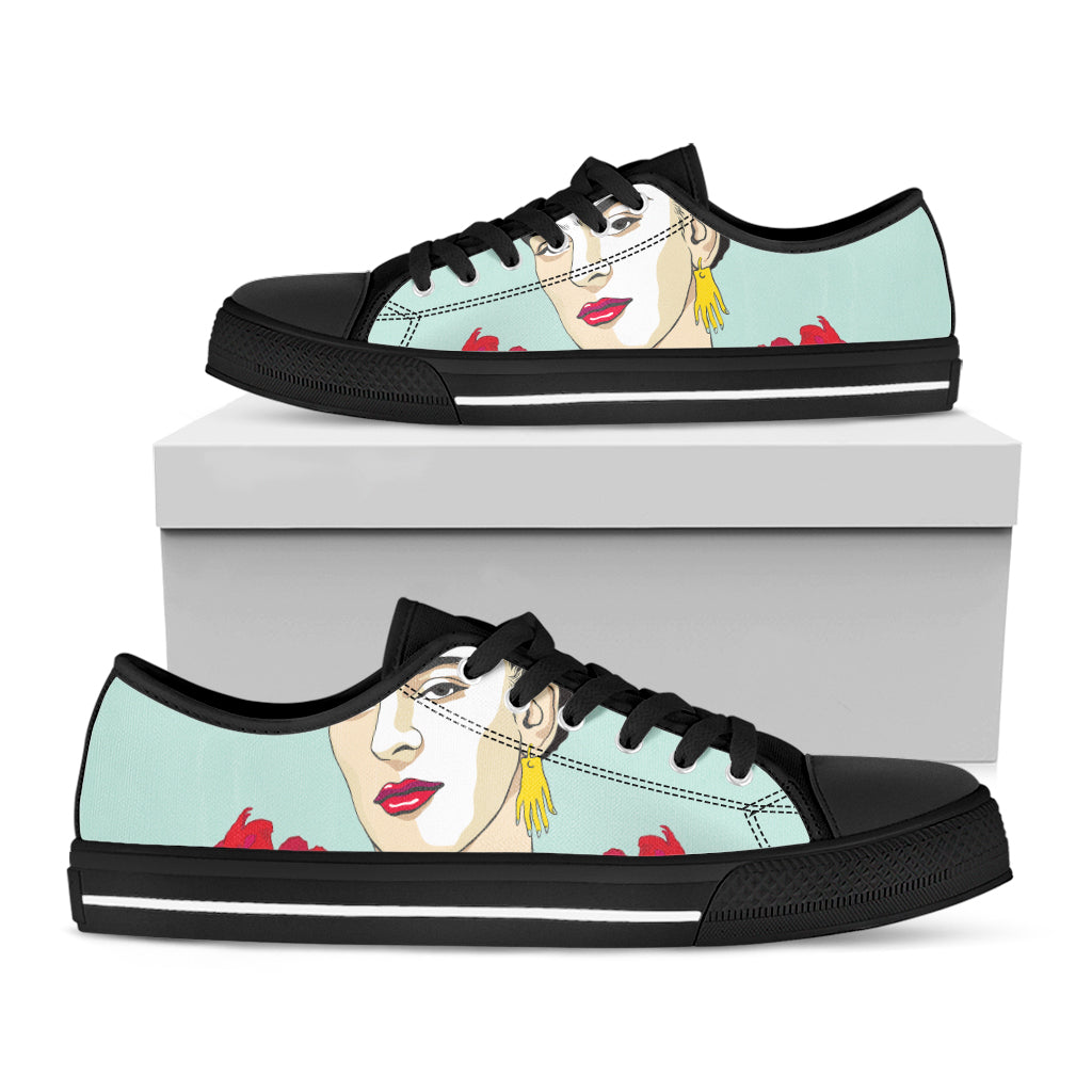 Frida Kahlo And Floral Print Black Low Top Sneakers