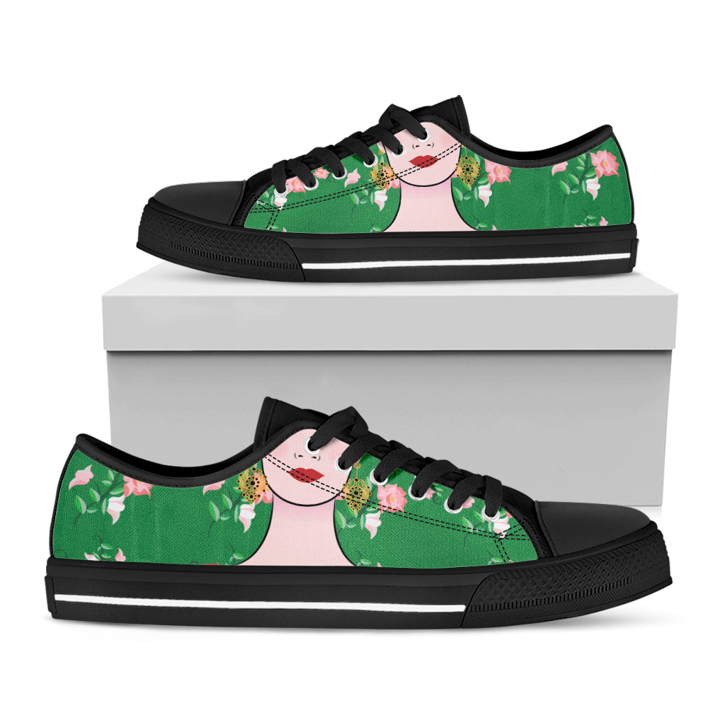 Frida Kahlo And Pink Floral Print Black Low Top Sneakers