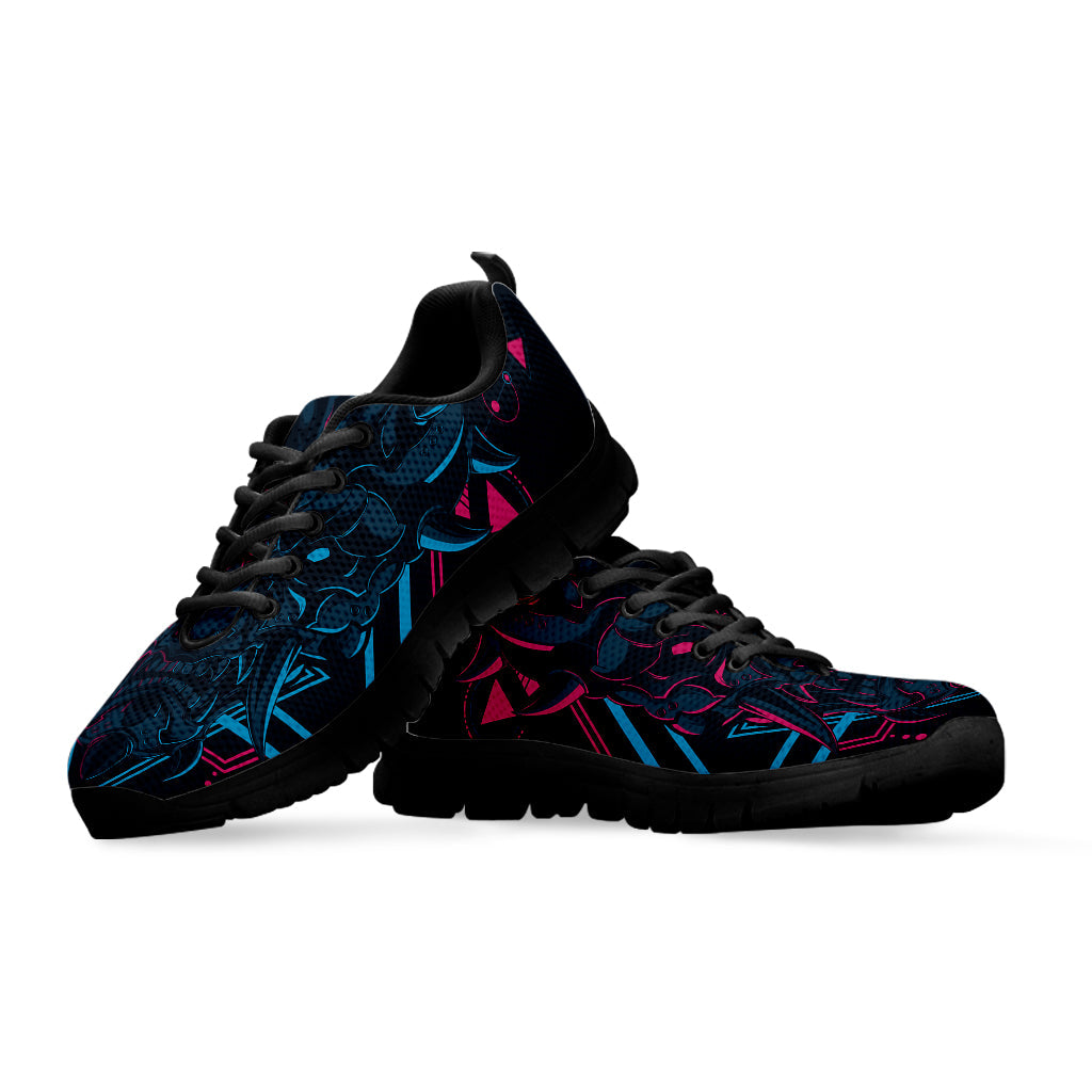 Geometric Japanese Demon Print Black Running Shoes