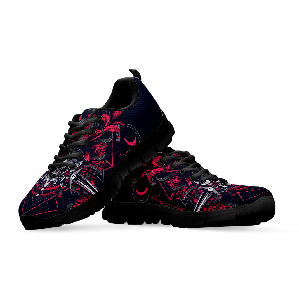 Geometric Samurai Mask Print Black Running Shoes