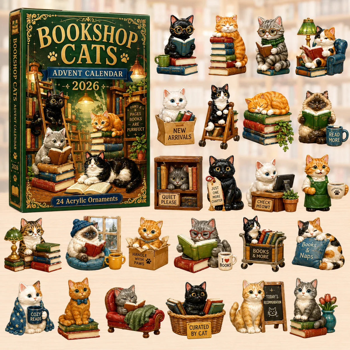 Bookshop Cats Advent Calendar Cute Advent Ornaments Special Gifts For Cats lovers