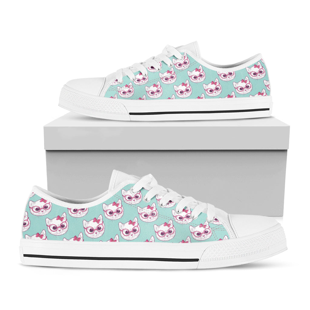 Girly Cat With Glasses Pattern Print White Low Top Sneakers