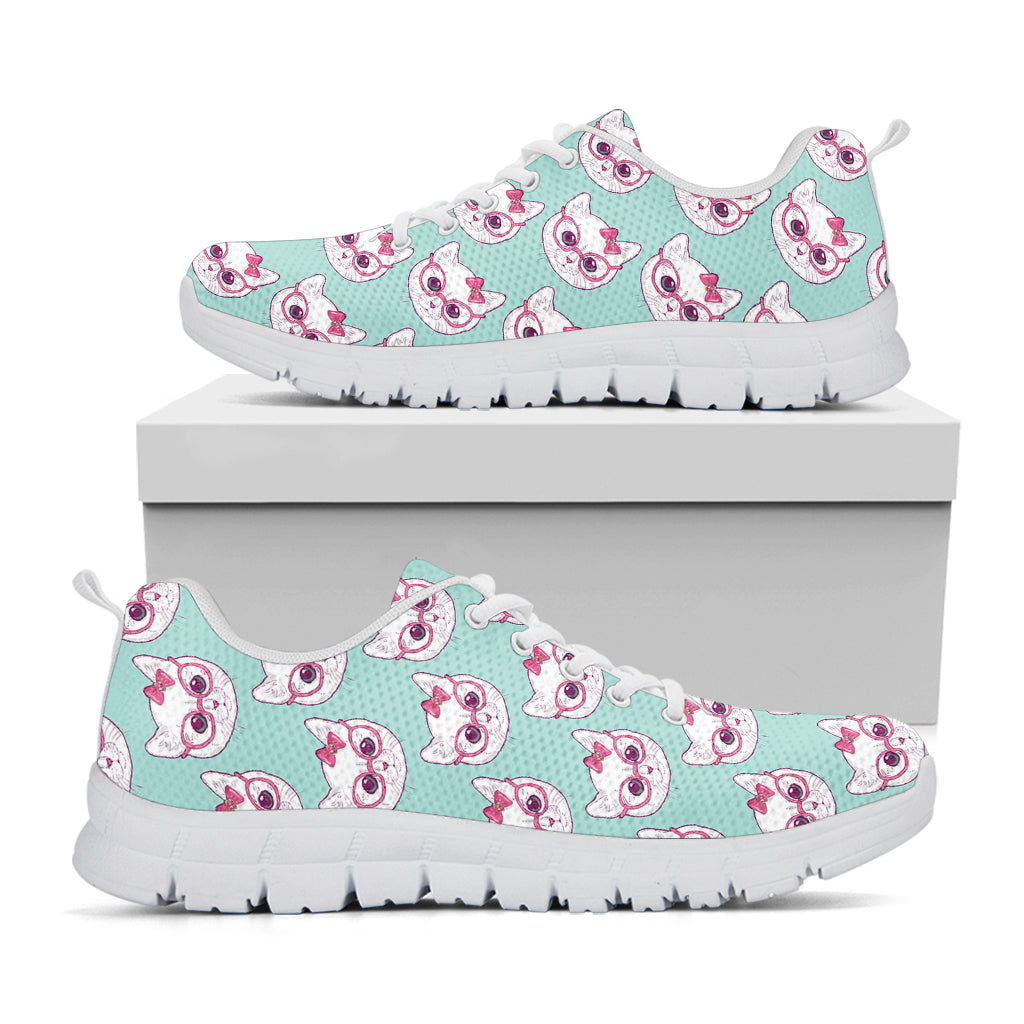 Girly Cat With Glasses Pattern Print White Running Shoes