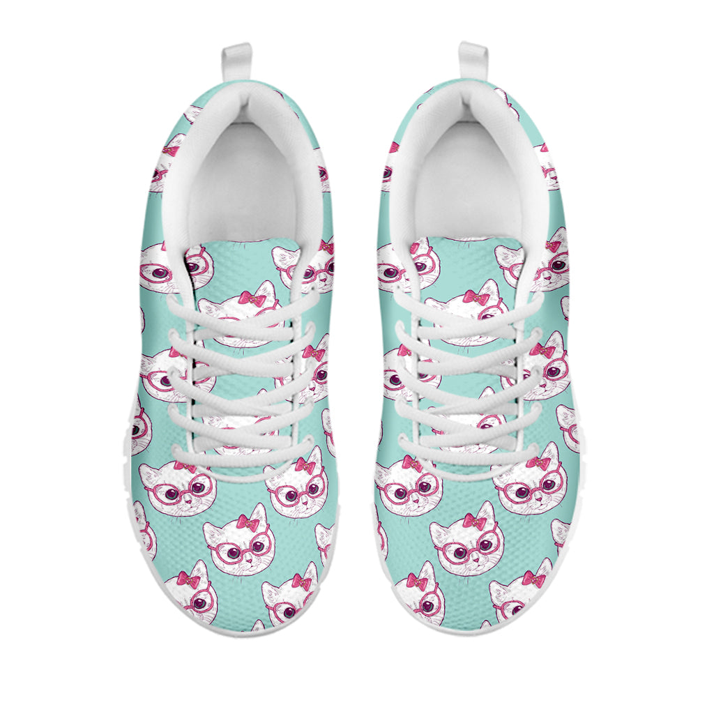 Girly Cat With Glasses Pattern Print White Running Shoes