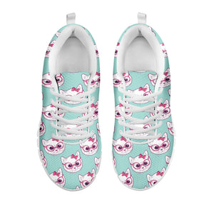Girly Cat With Glasses Pattern Print White Running Shoes