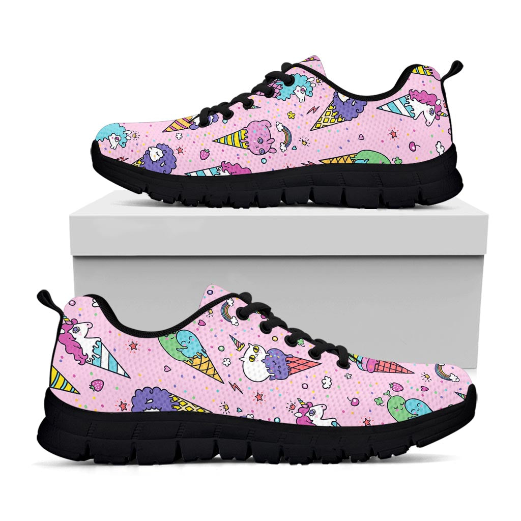 Girly Unicorn Ice Cream Pattern Print Black Running Shoes