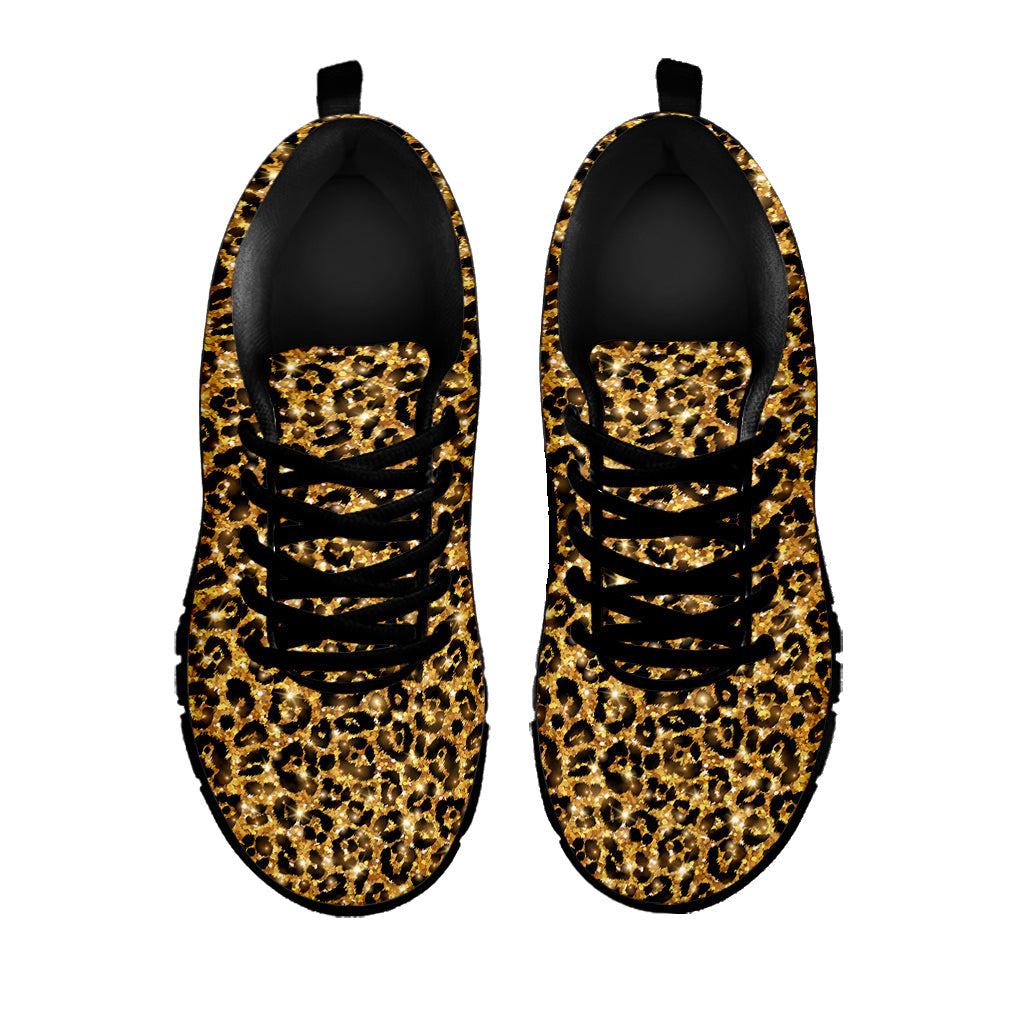 Gold Leopard (NOT Real) Glitter Print Black Running Shoes