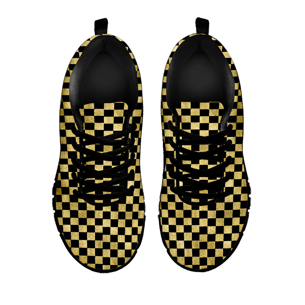 Gold And Black Checkered Pattern Print Black Running Shoes
