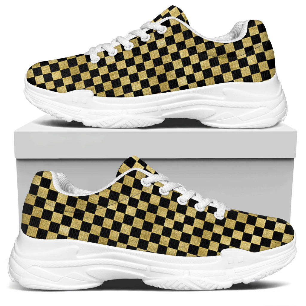 Gold And Black Checkered Pattern Print White Chunky Shoes