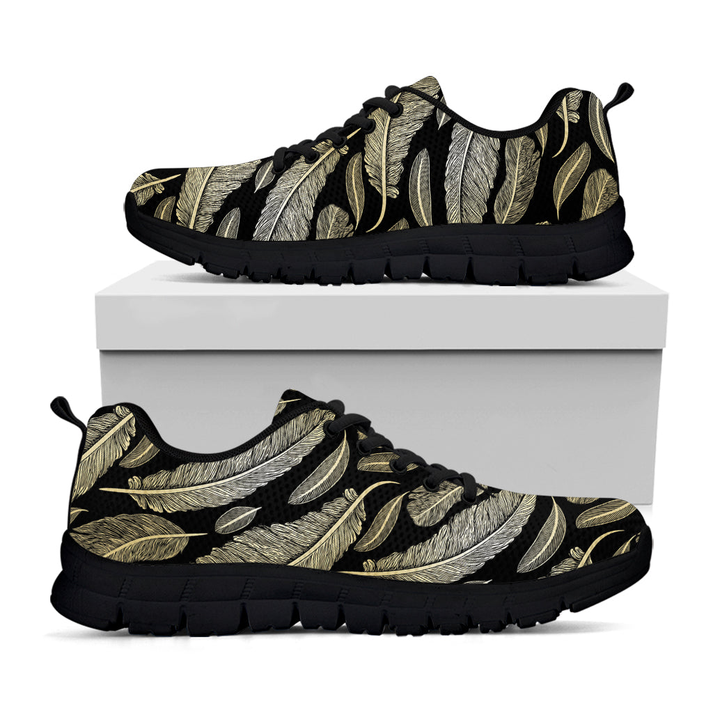 Gold And Black Feather Pattern Print Black Running Shoes