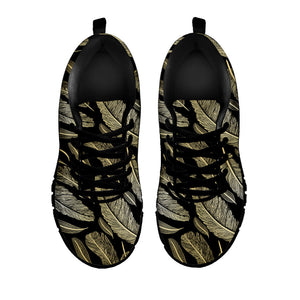 Gold And Black Feather Pattern Print Black Running Shoes