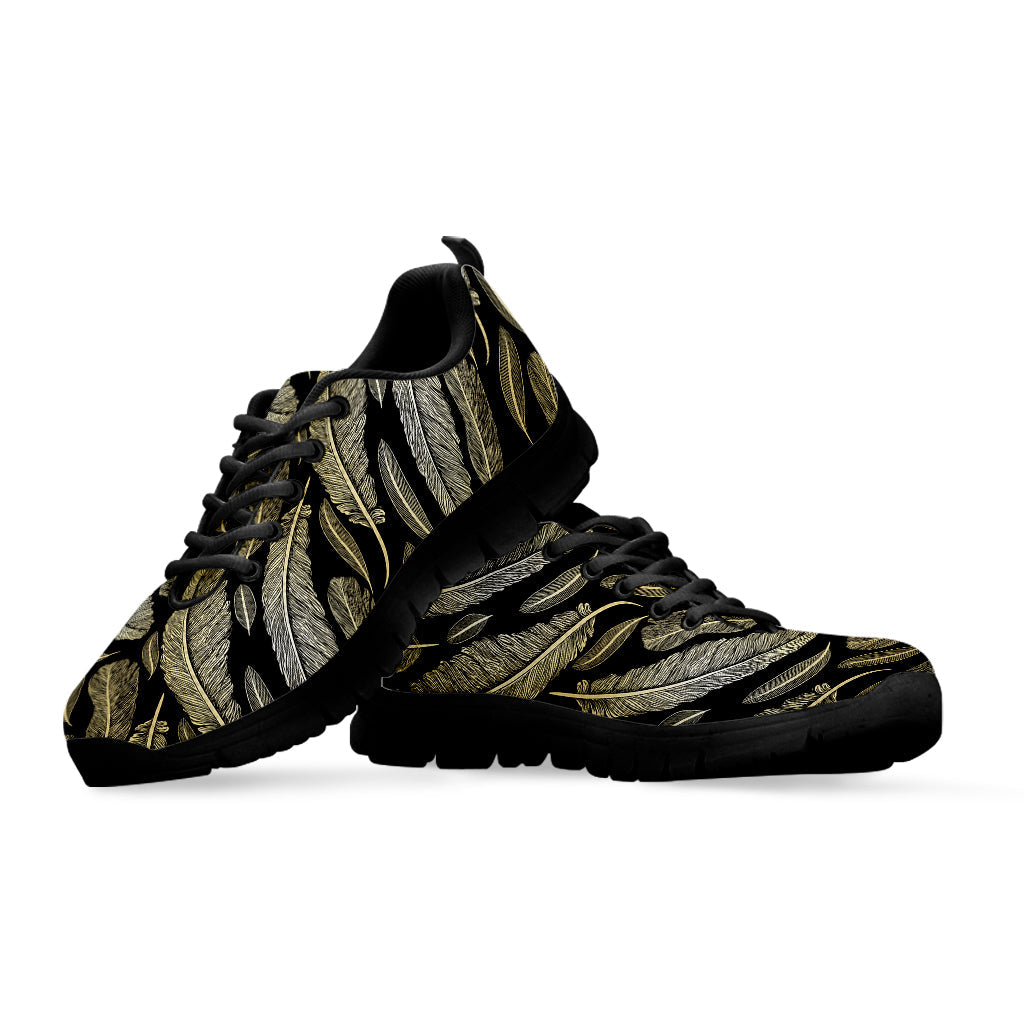 Gold And Black Feather Pattern Print Black Running Shoes