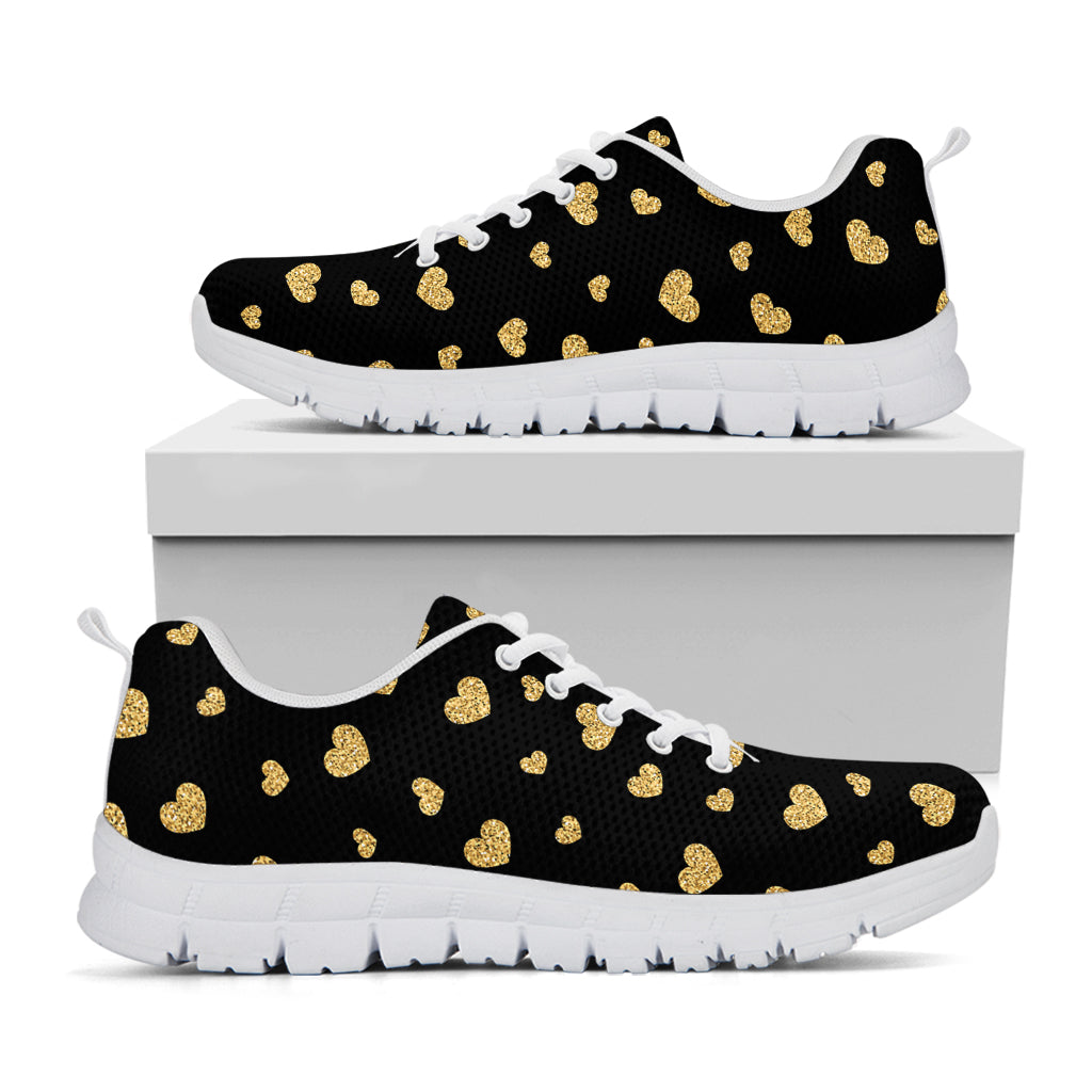 Gold And Black Heart Pattern Print White Running Shoes