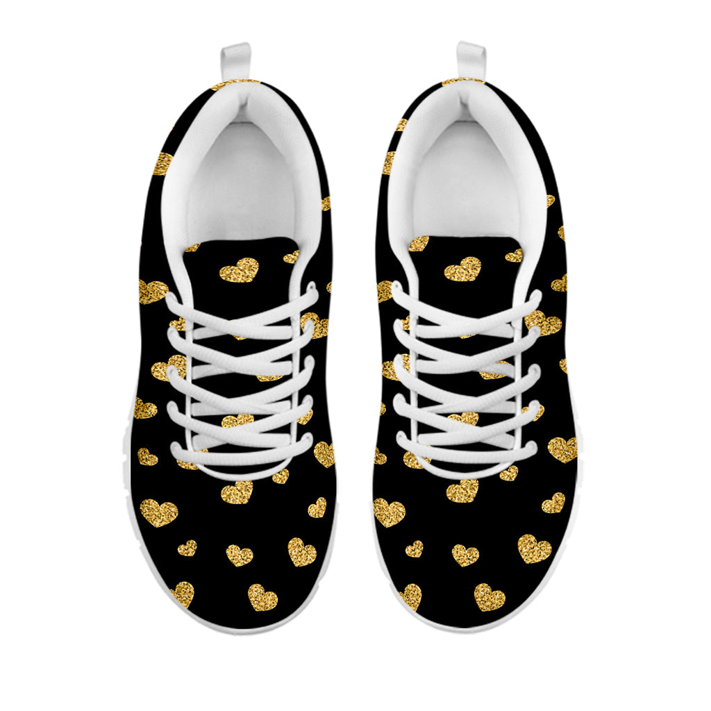 Gold And Black Heart Pattern Print White Running Shoes