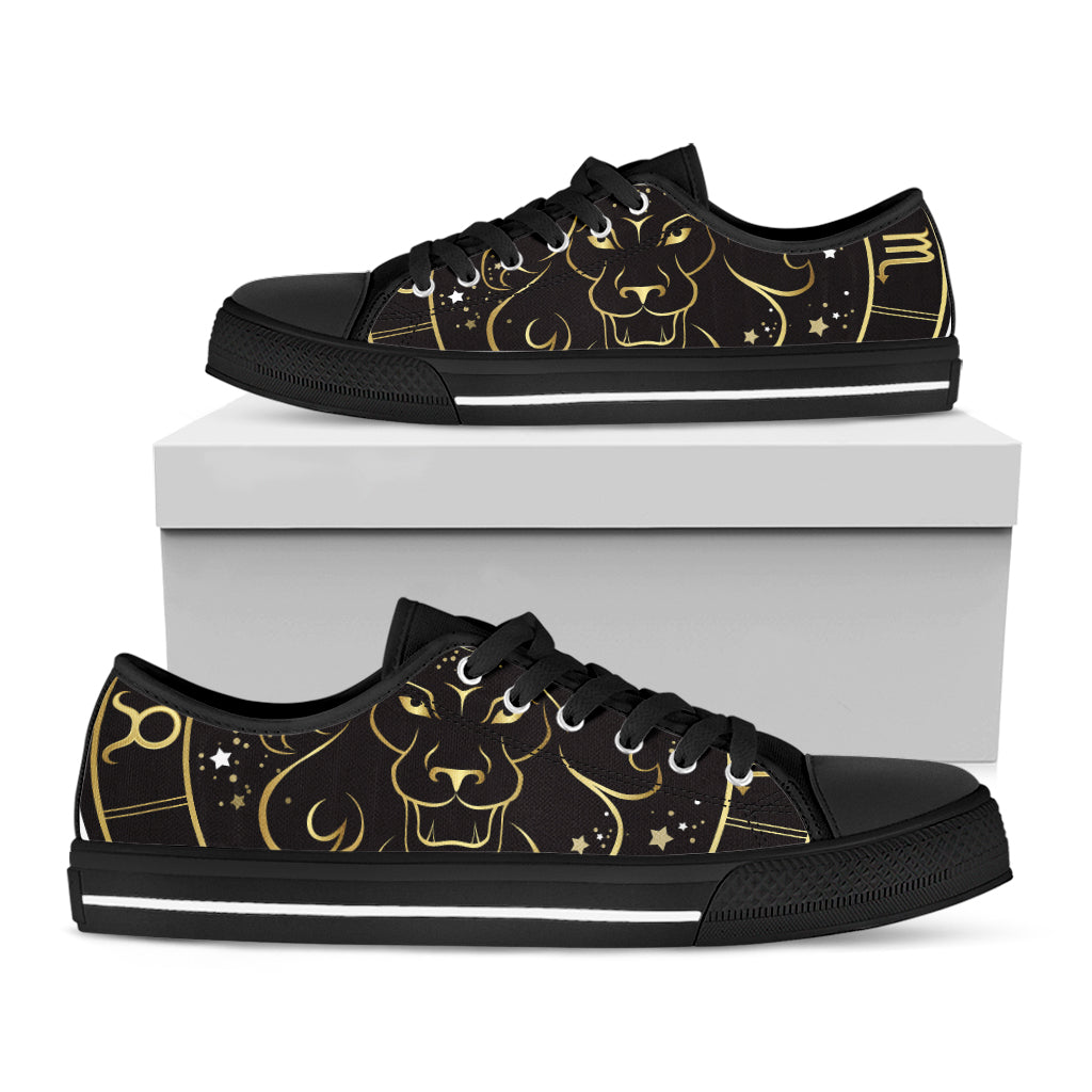 Gold And Black Leo Sign Print Black Low Top Sneakers