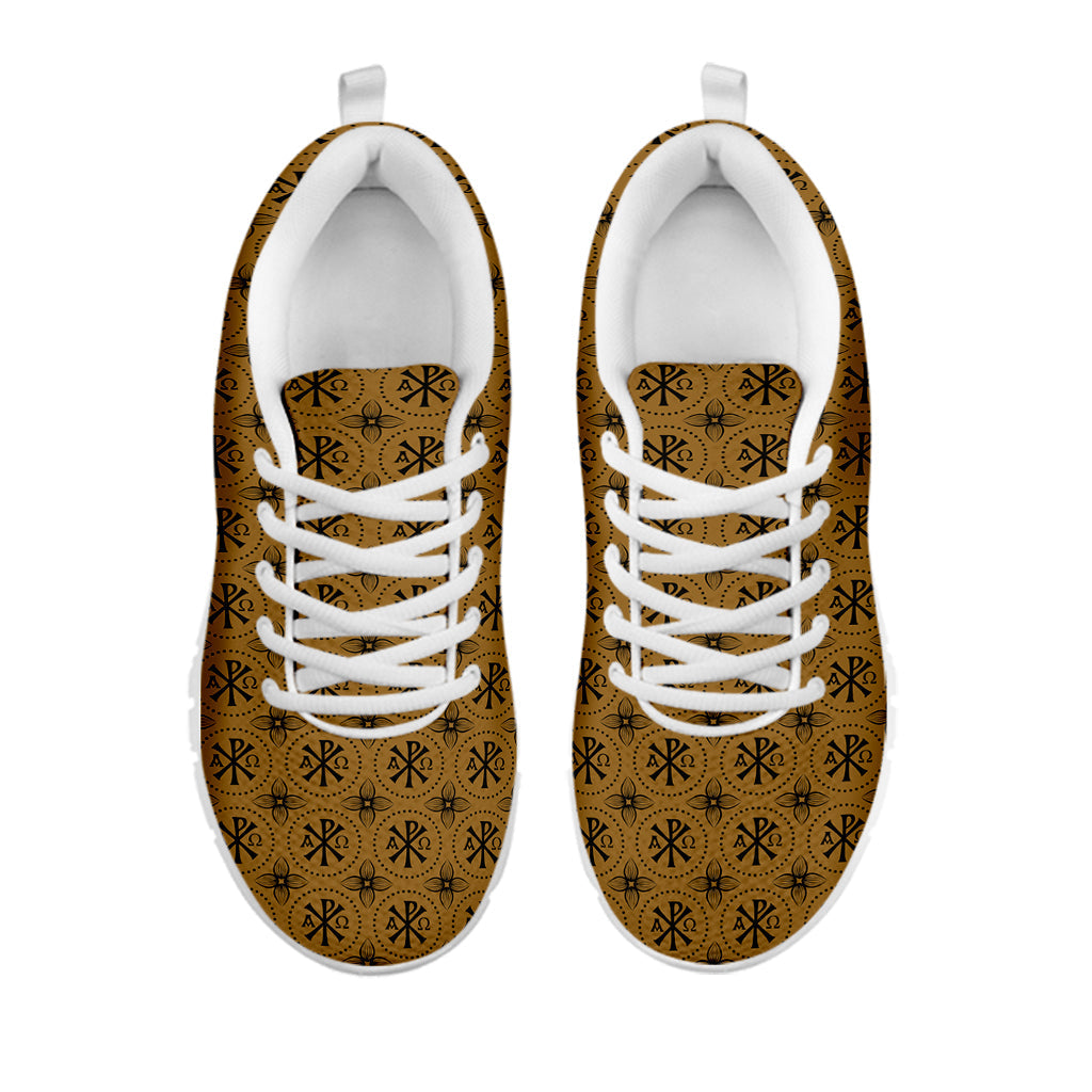 Gold And Black Orthodox Pattern Print White Running Shoes