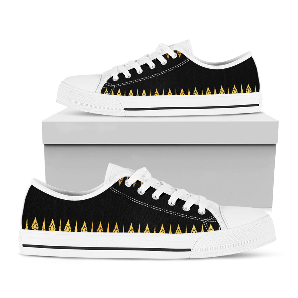 Gold And Black Thai Pattern Print White Low Top Sneakers
