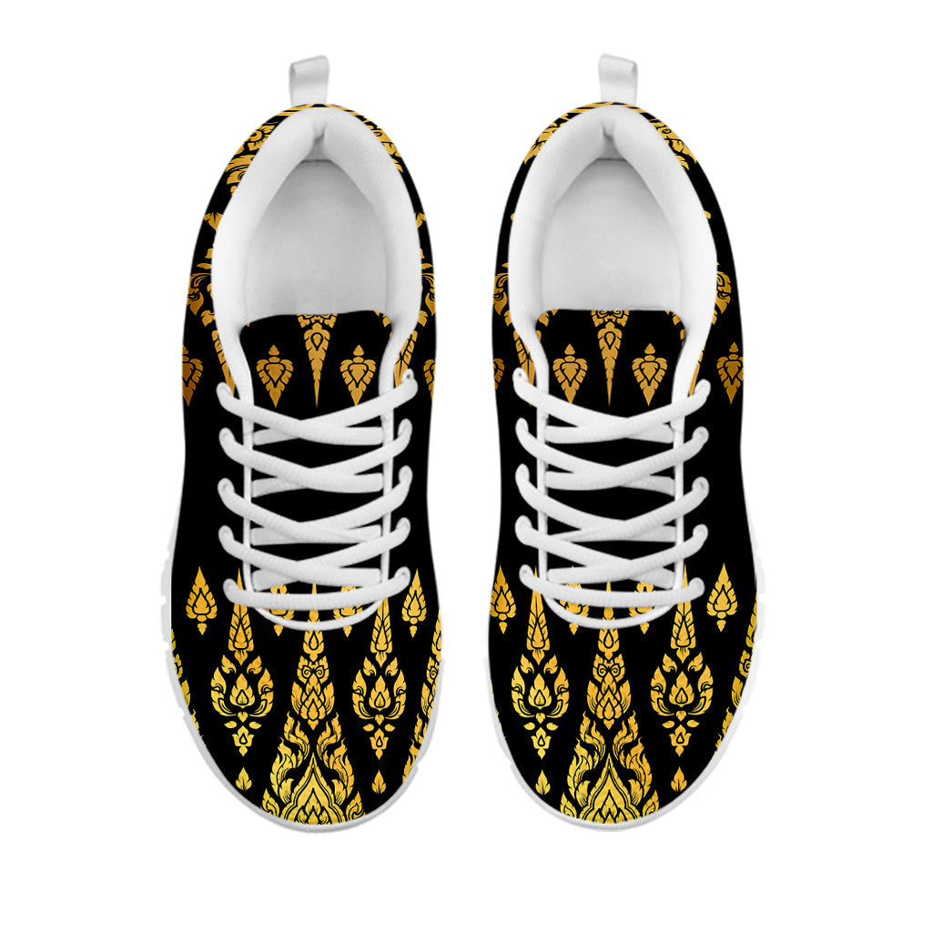 Gold And Black Thai Pattern Print White Running Shoes