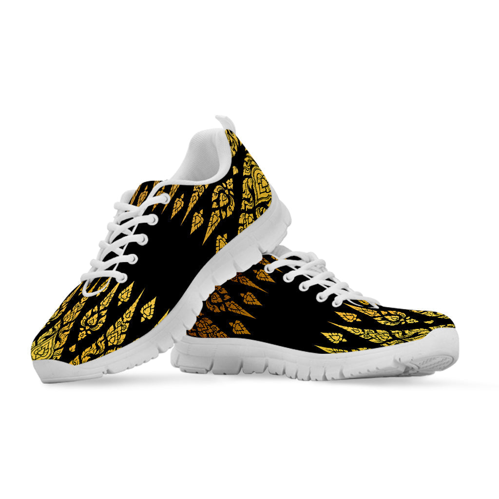 Gold And Black Thai Pattern Print White Running Shoes