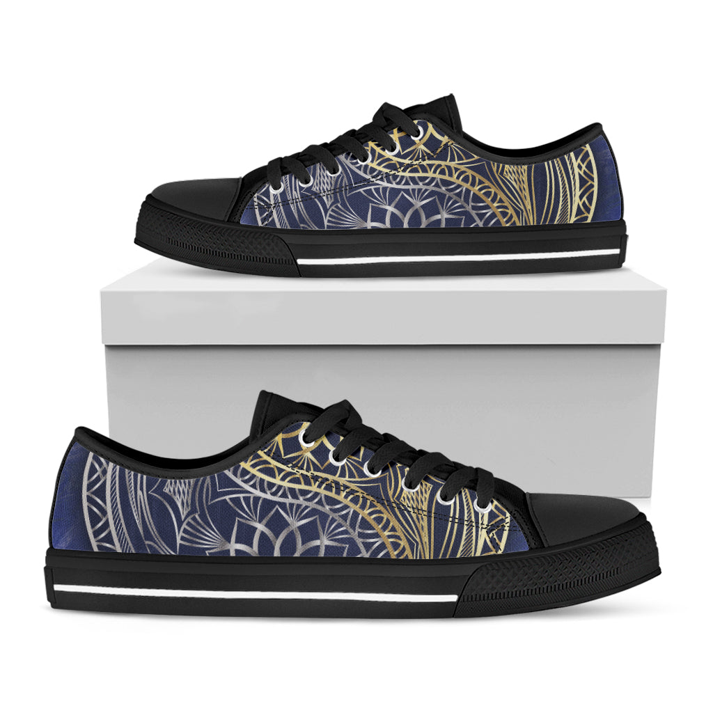 Gold And Grey Yin Yang Flower Print Black Low Top Sneakers
