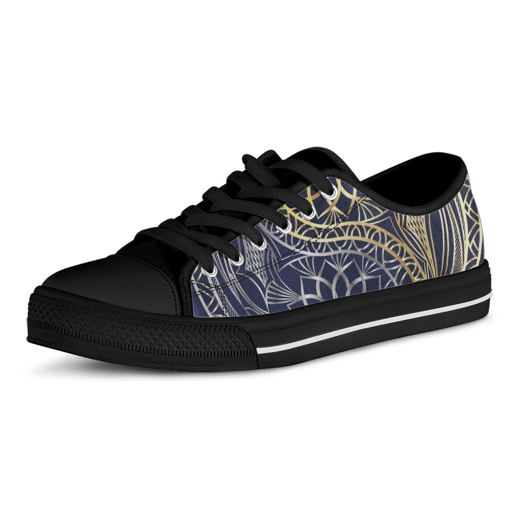Gold And Grey Yin Yang Flower Print Black Low Top Sneakers