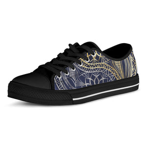 Gold And Grey Yin Yang Flower Print Black Low Top Sneakers