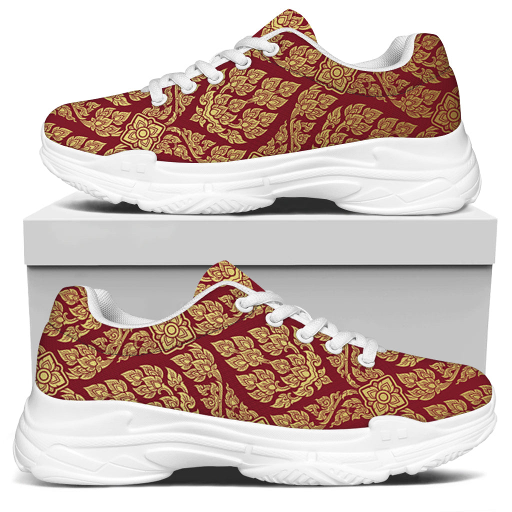 Gold And Red Thai Pattern Print White Chunky Shoes