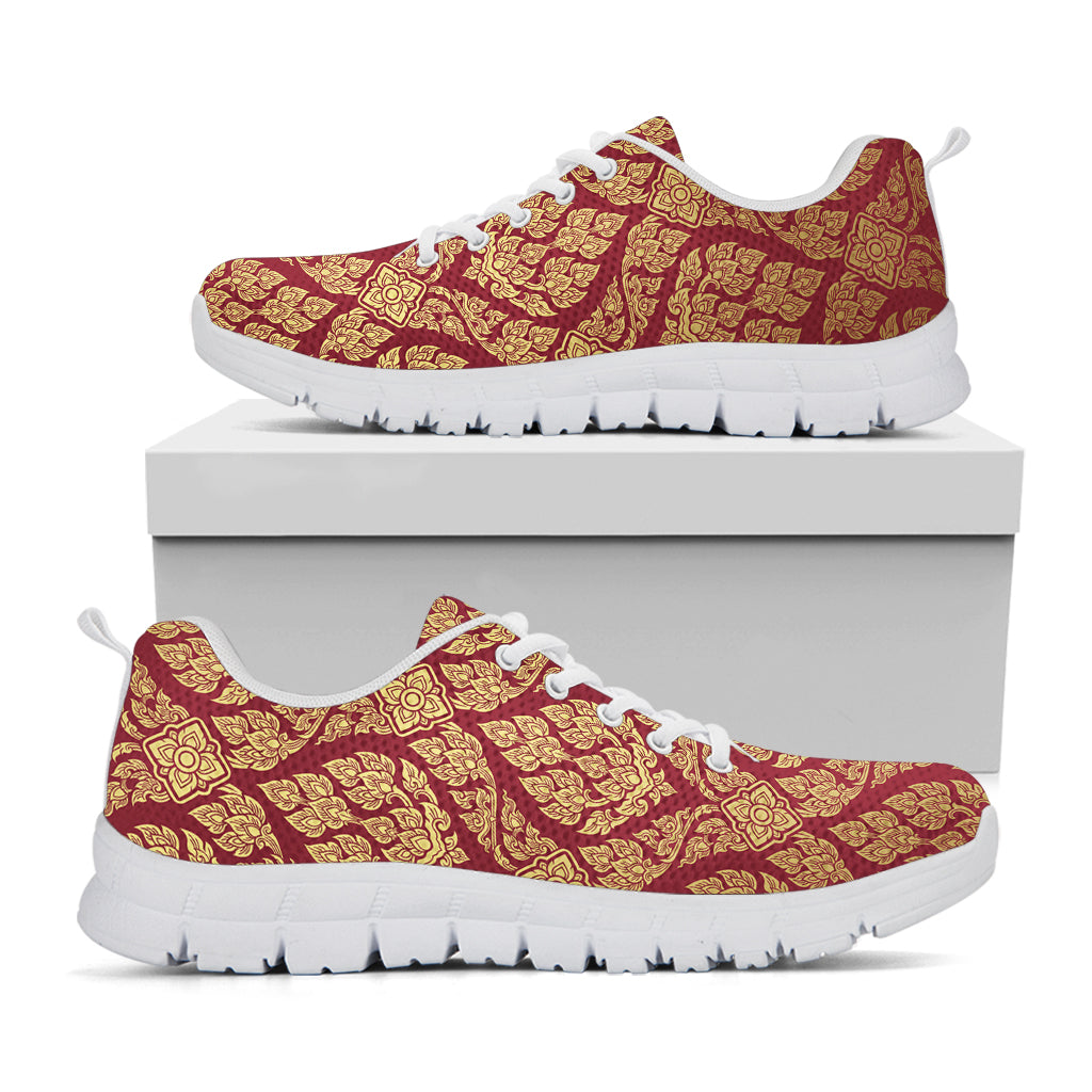 Gold And Red Thai Pattern Print White Running Shoes