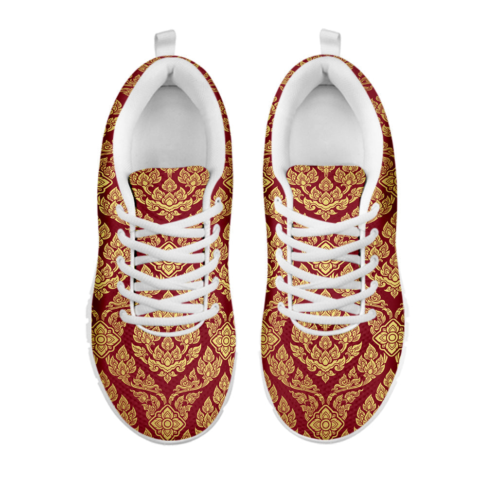 Gold And Red Thai Pattern Print White Running Shoes