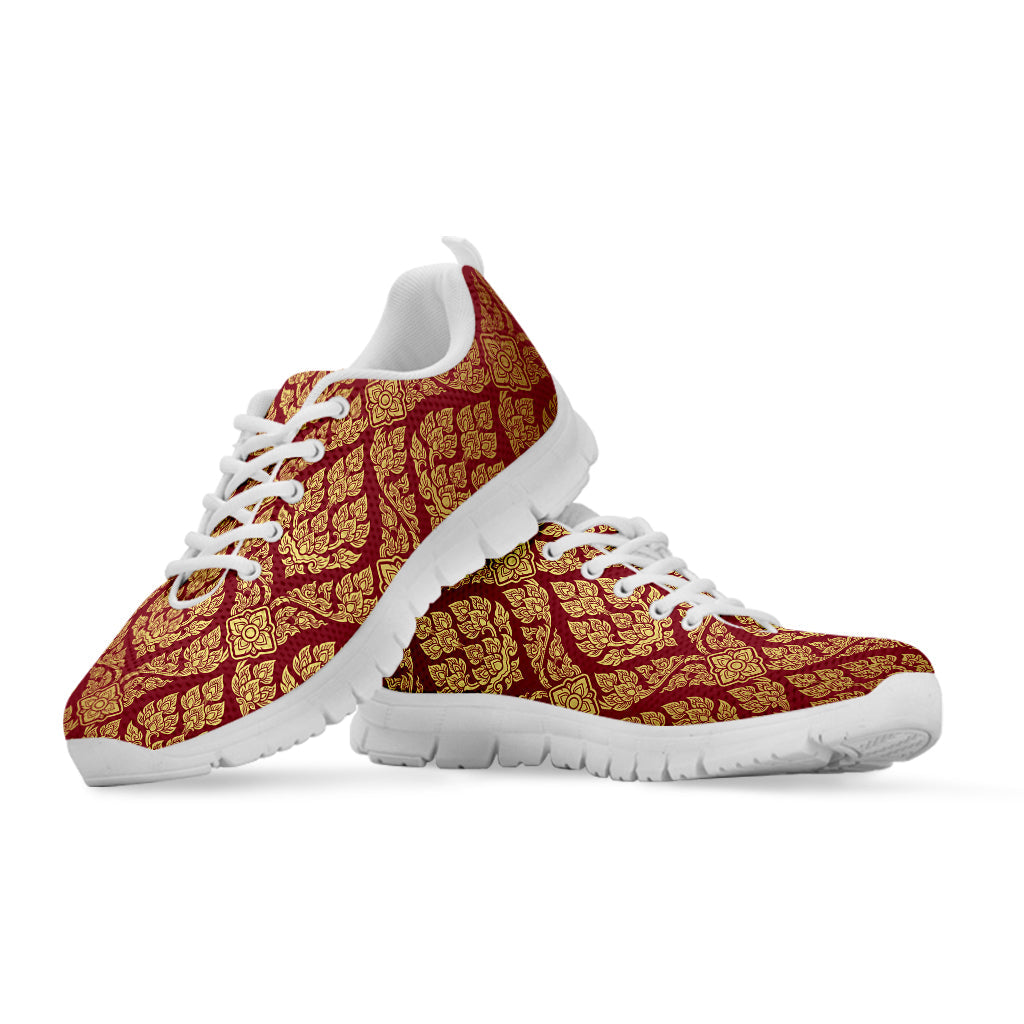 Gold And Red Thai Pattern Print White Running Shoes