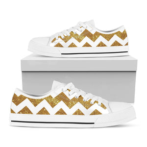 Gold And White Chevron Pattern Print White Low Top Sneakers