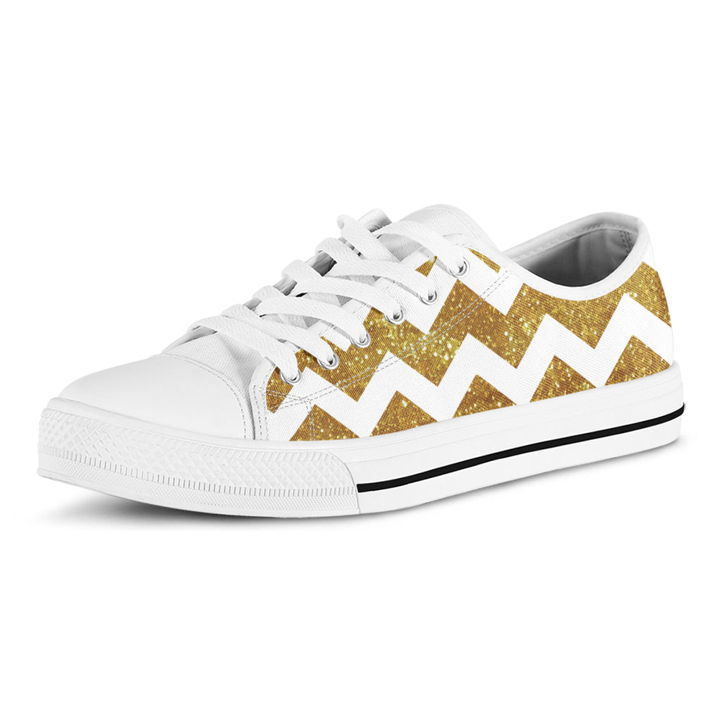 Gold And White Chevron Pattern Print White Low Top Sneakers
