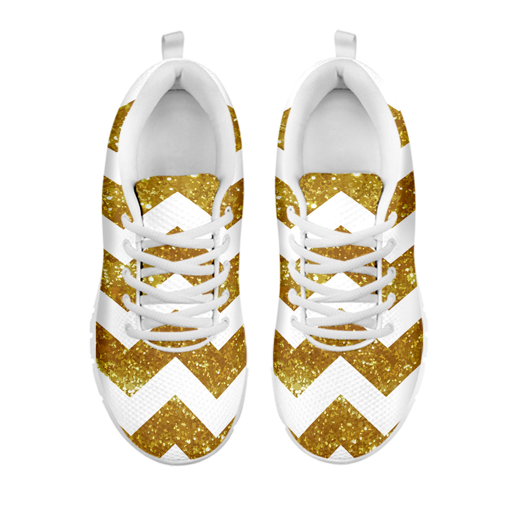 Gold And White Chevron Pattern Print White Running Shoes