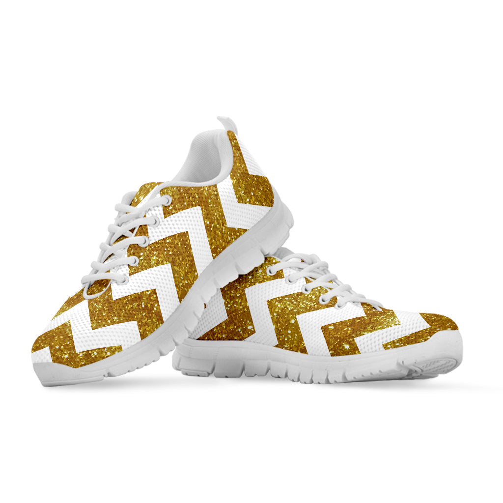 Gold And White Chevron Pattern Print White Running Shoes