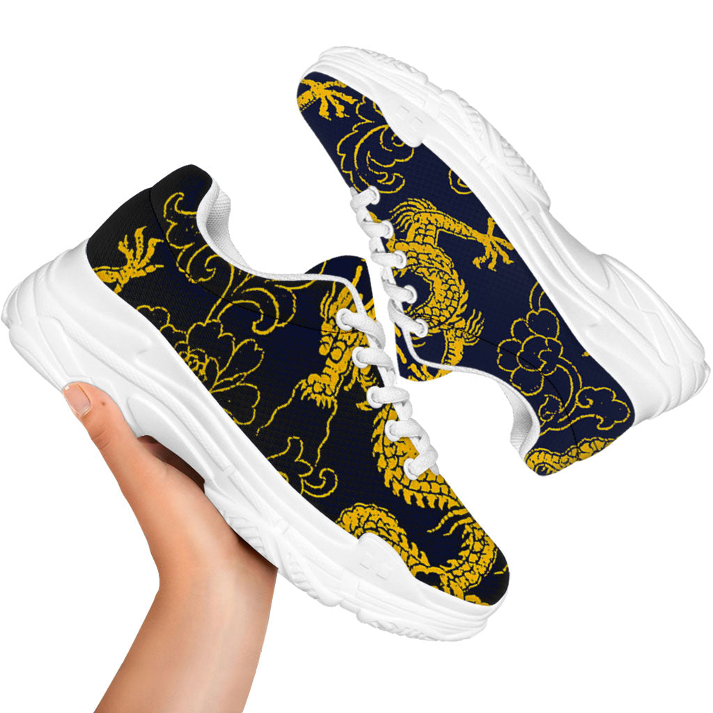 Gold Japanese Dragon Pattern Print White Chunky Shoes