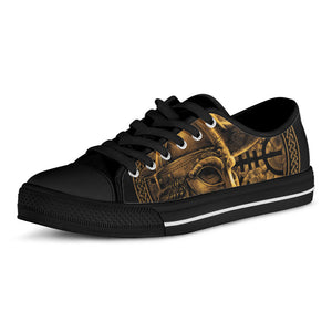Gold Viking God Odin And Crow Print Black Low Top Sneakers