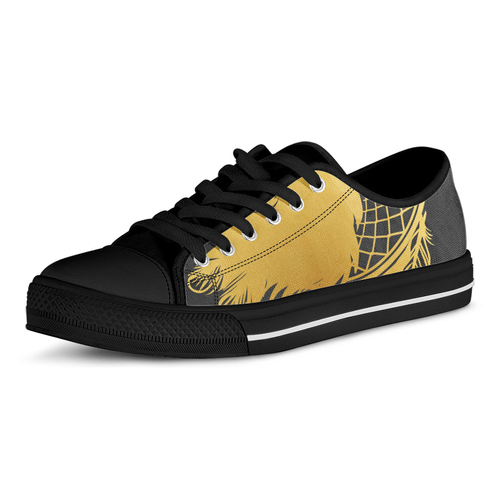Golden Bohemian Howling Wolf Print Black Low Top Sneakers