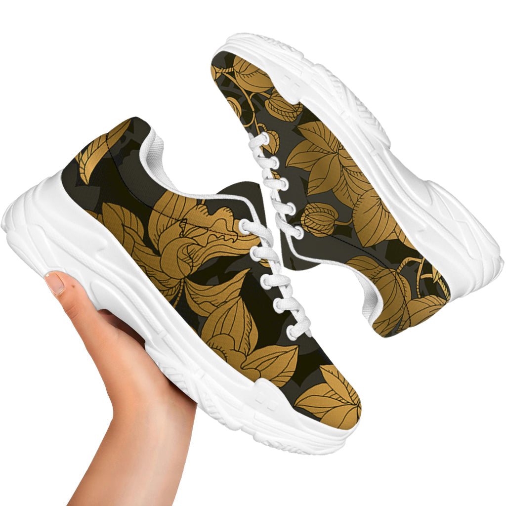 Golden Orchid Pattern Print White Chunky Shoes