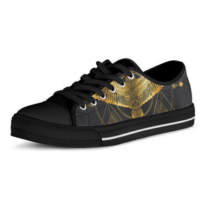 Golden Spiritual Bird Print Black Low Top Sneakers