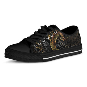 Golden Spiritual Koi Fish Print Black Low Top Sneakers